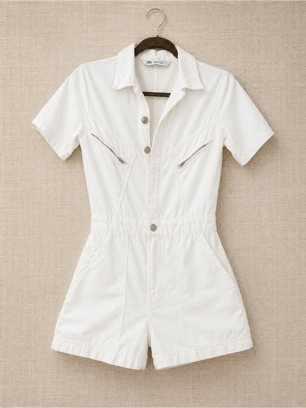 Zara White Short-Sleeve Utility Romper XS